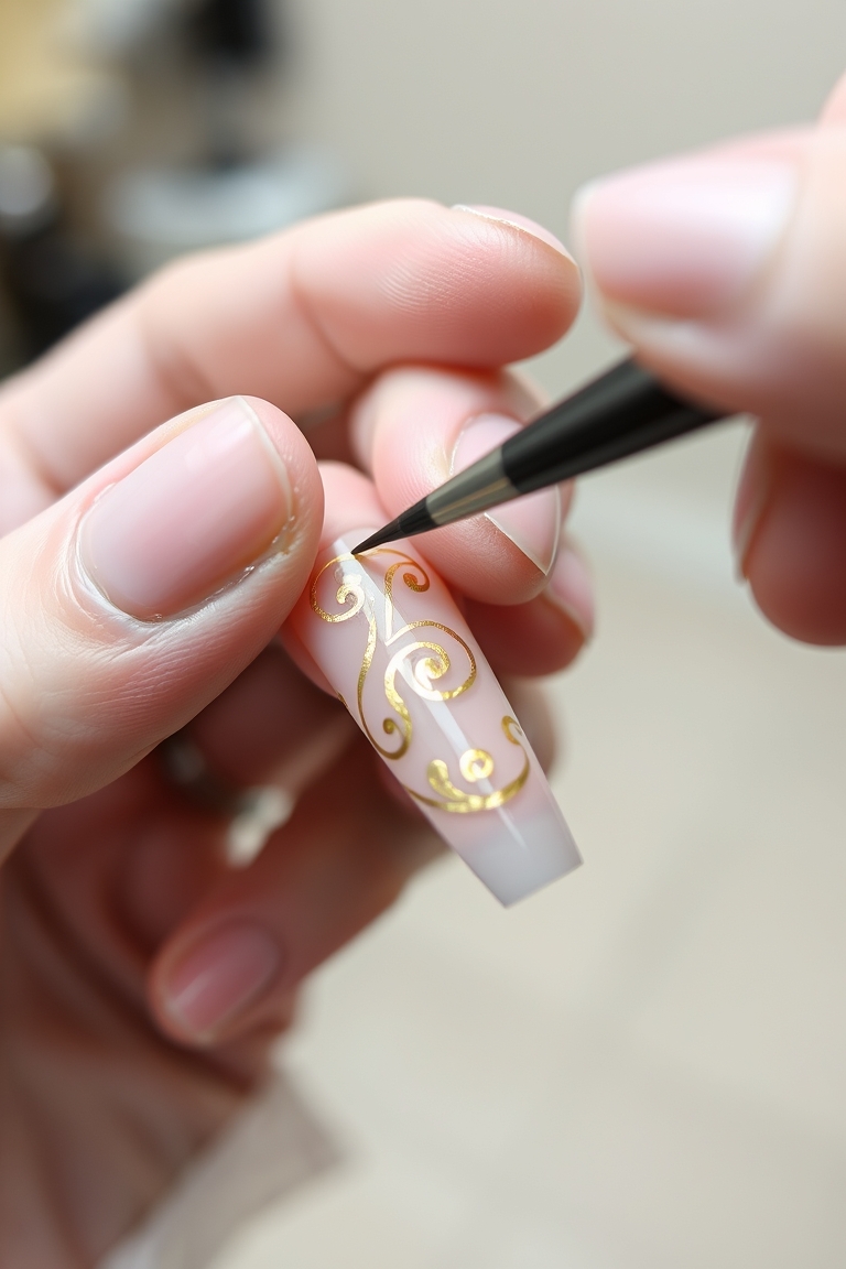 Detailed art being applied to long coffin nails.