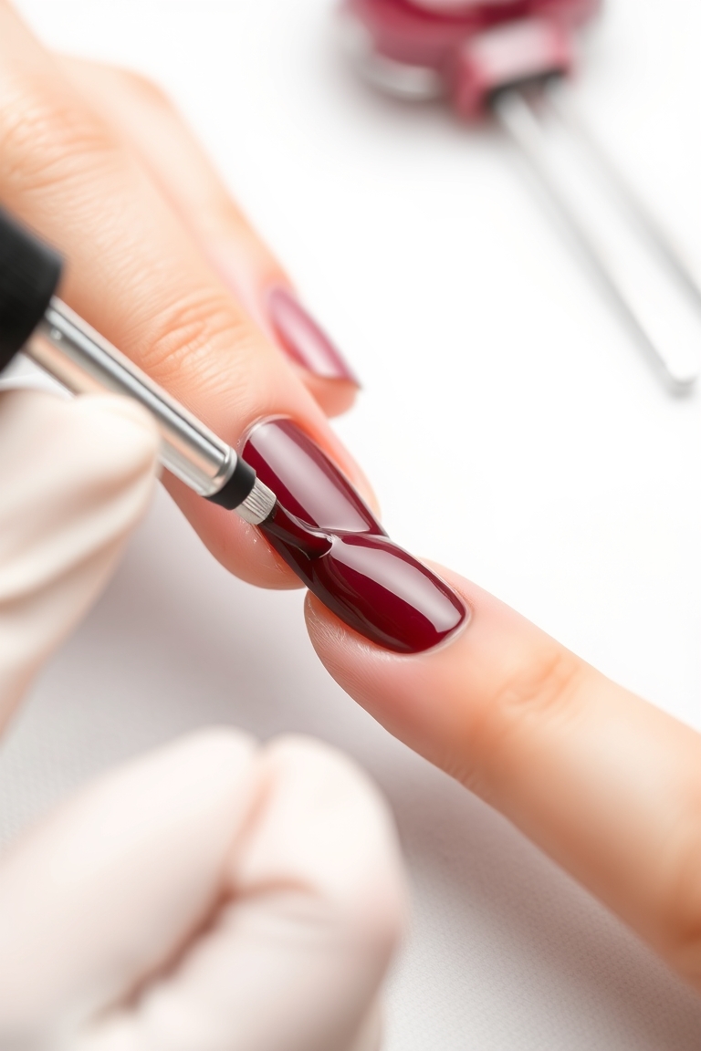 A close-up of a professional applying cozy fall manicure colors to a natural nail.