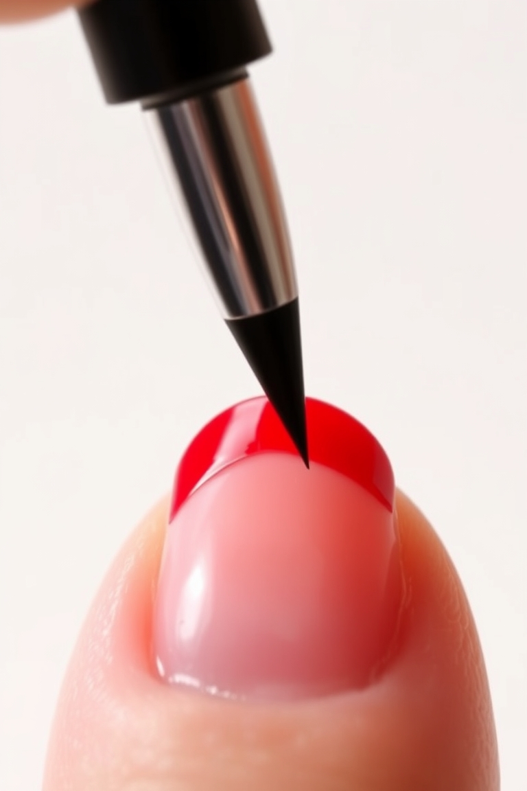 Detailed application of bold red nail art using a professional brush.