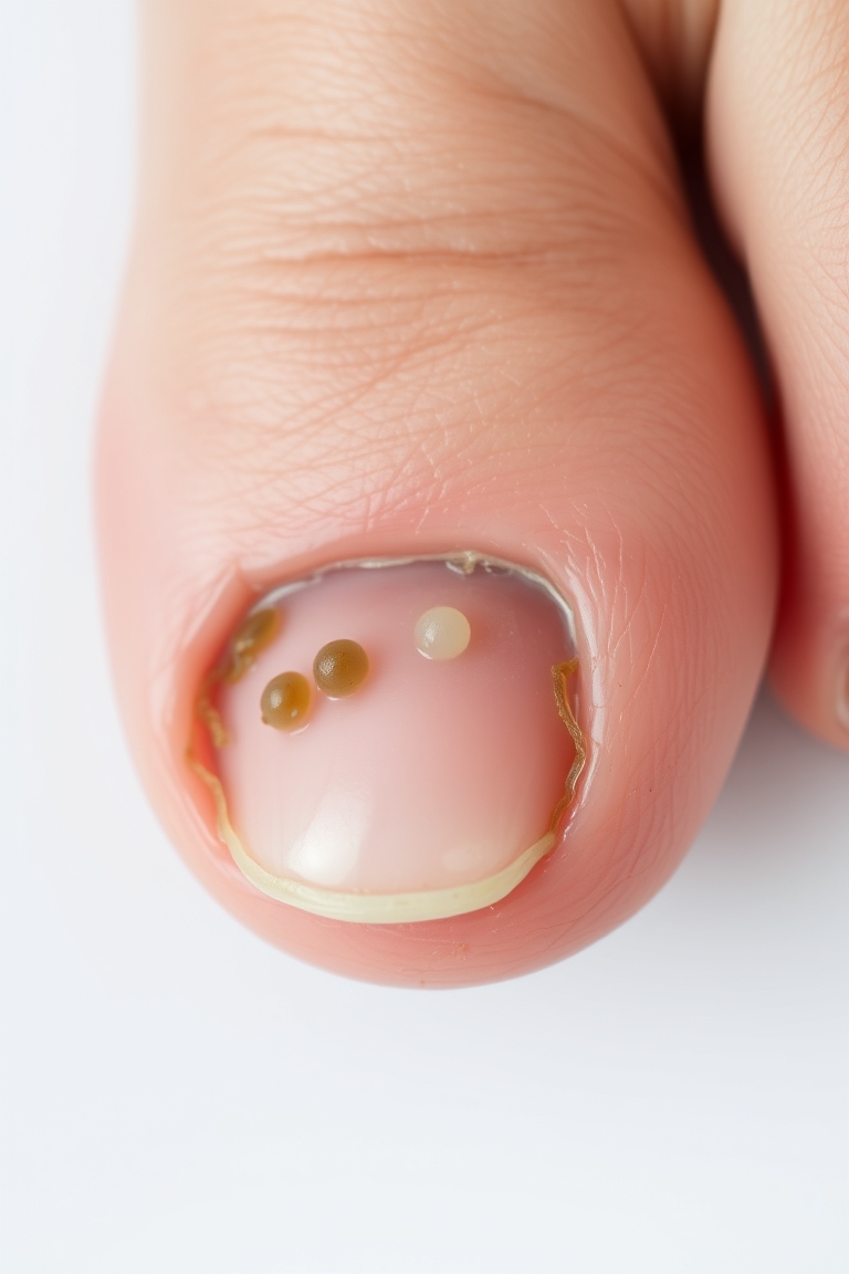 Detailed view of nail fungus signs on a toe
