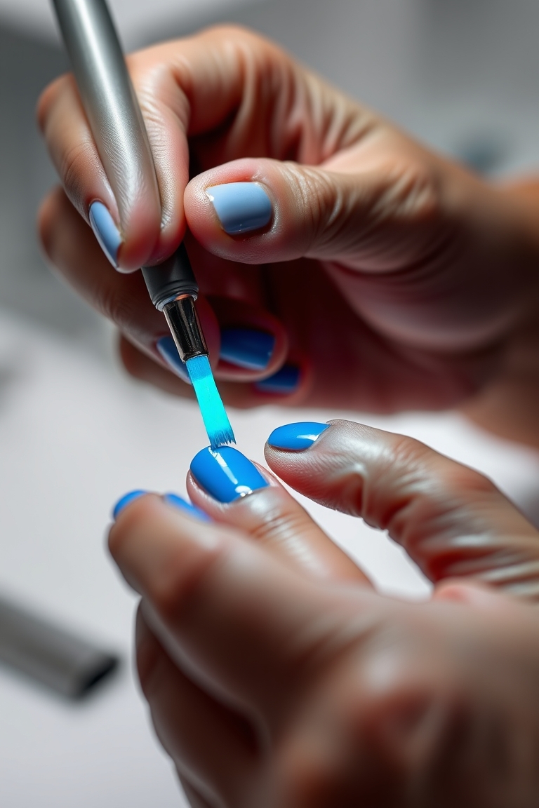 Professional application of bright summer nails in a salon setting.