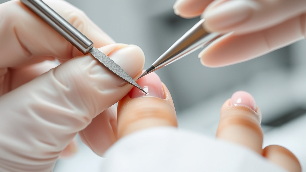 Technician sculpting almond shaped nails for a client in a professional salon.