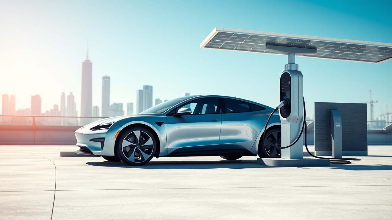Electric car charging at a solar-powered station with futuristic city skyline