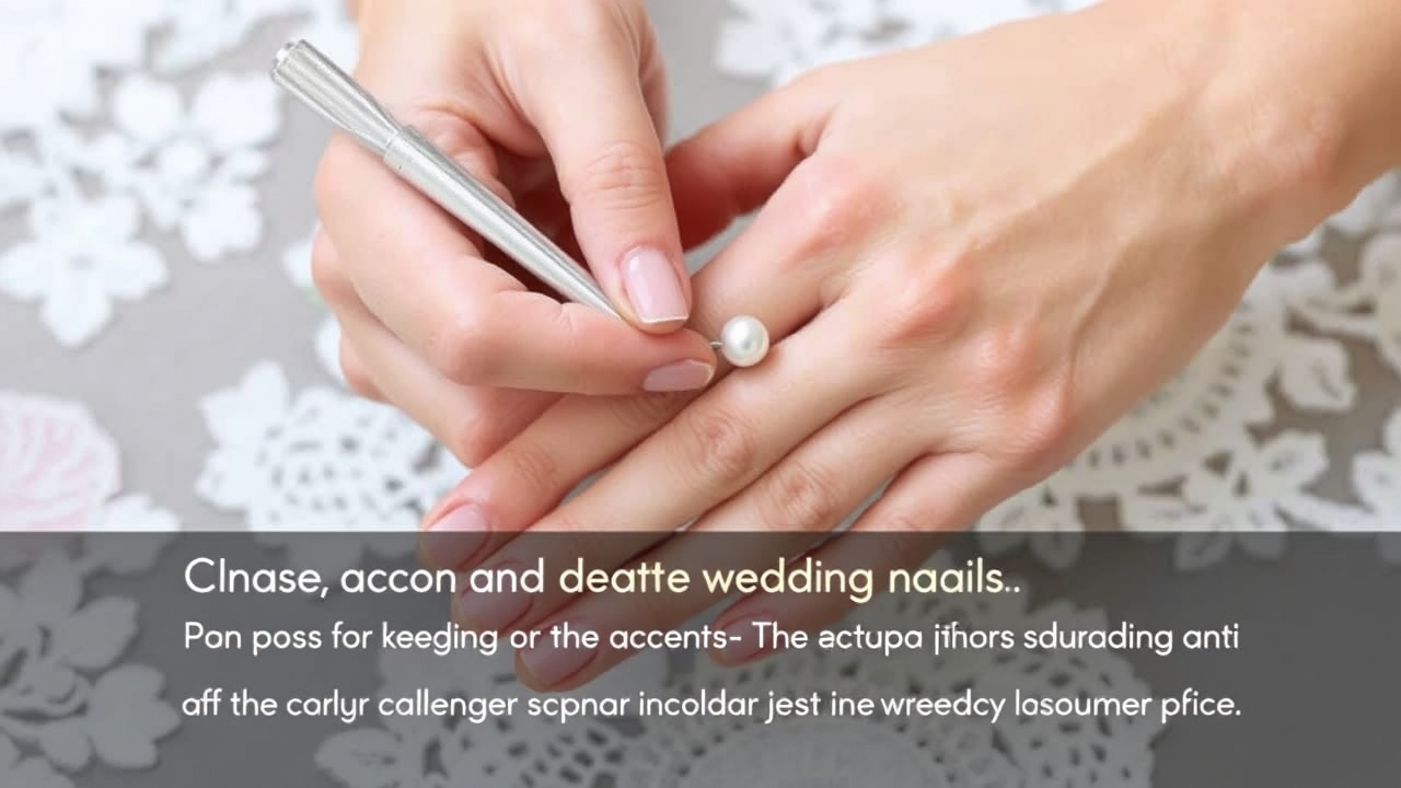 Classic wedding nails with pearl accent on ring finger